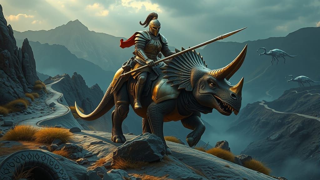 Golden Knight Rides Triceratops on Mountain Trail