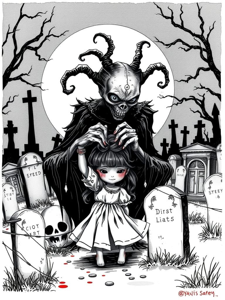 Grotesque Night Creature Braids Girl's Hair in Moonlit Cemet...