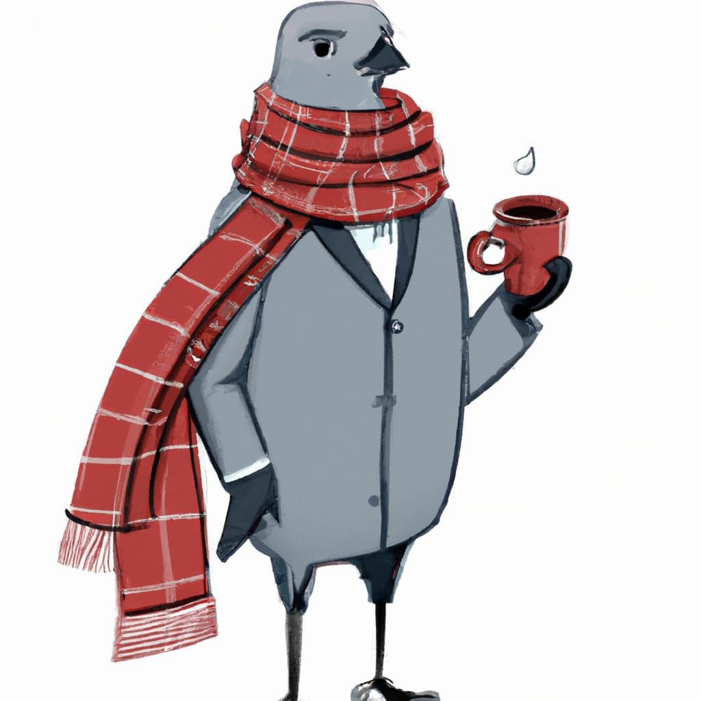 Pigeon with Scarf Enjoying Coffee