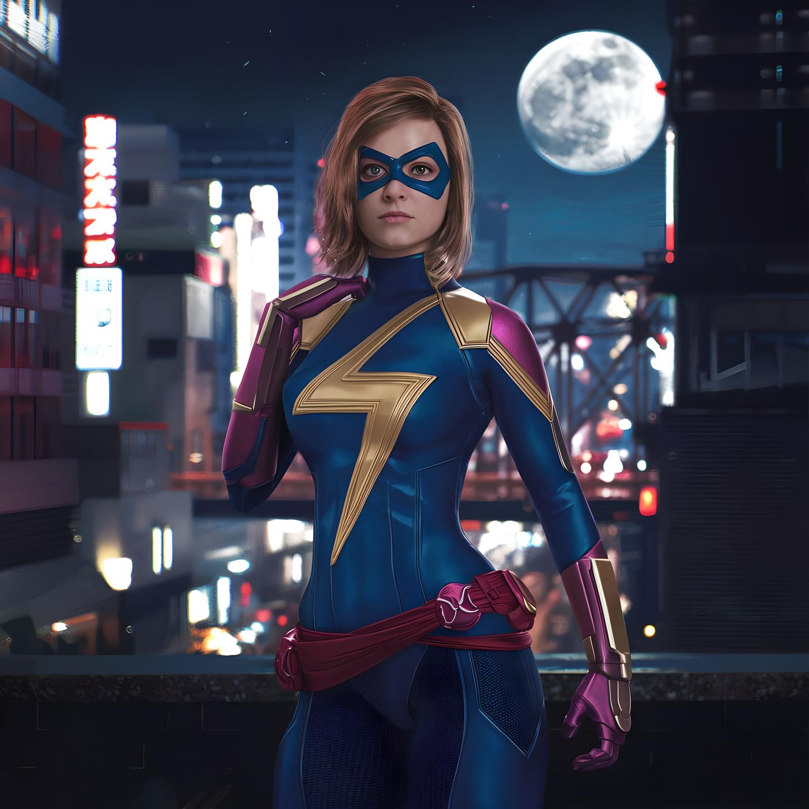 Ms. Marvel in Cyberpunk Tokyo Under Full Moon