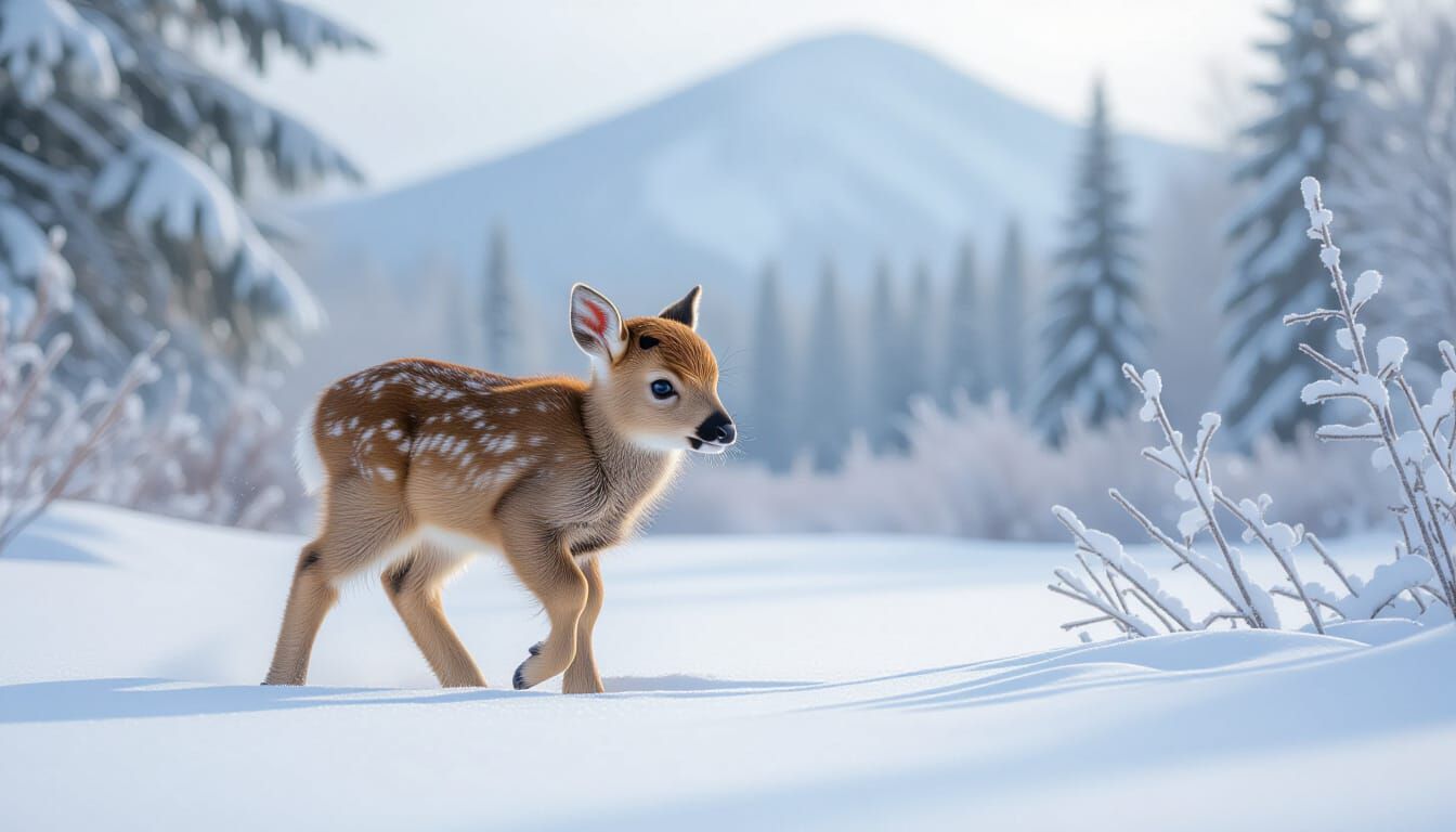 Baby Fawn Searching in Winter Snow, Ultra-Realistic