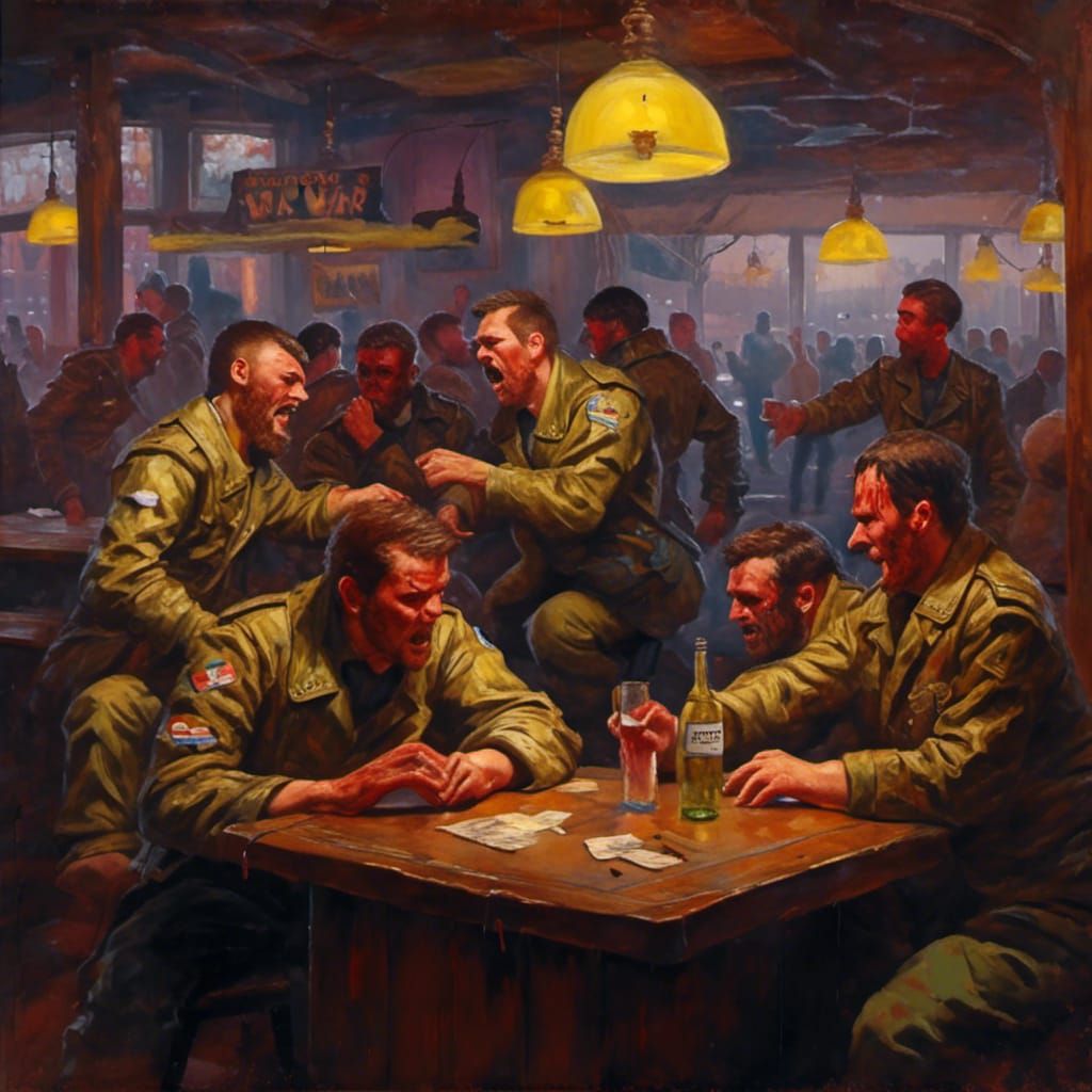 WWII Bomber Crew Brawl: An Oil Painting