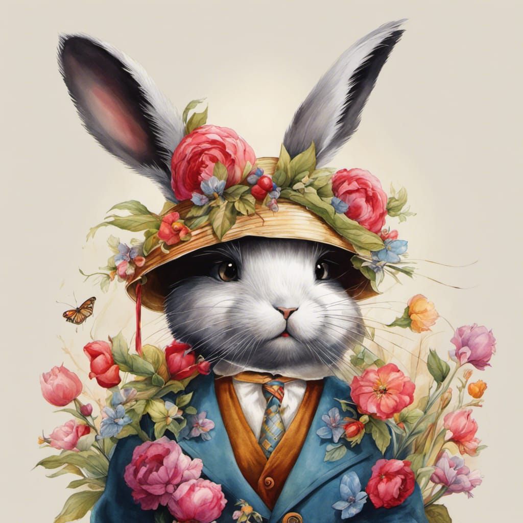 Anthropomorphic Bunny in Pastel Cafe Watercolor