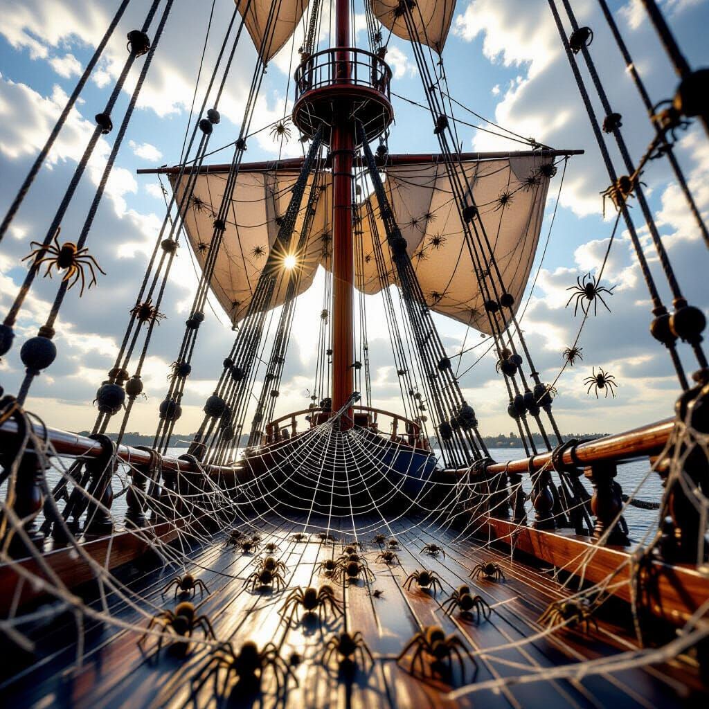 Antique Sailboat Trapped in Spiderweb - Photorealistic Detai...