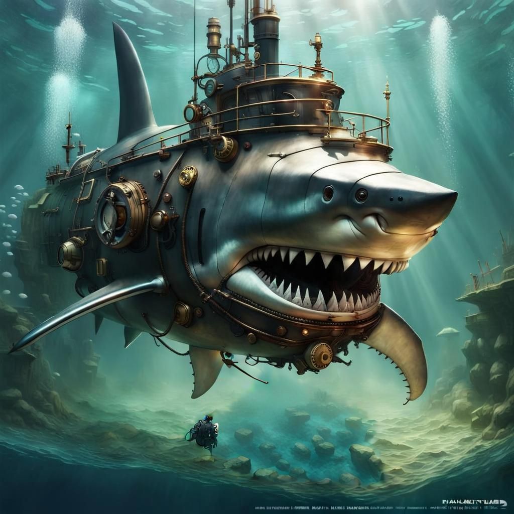 Steampunk Shark Submarine: Epic Digital Art