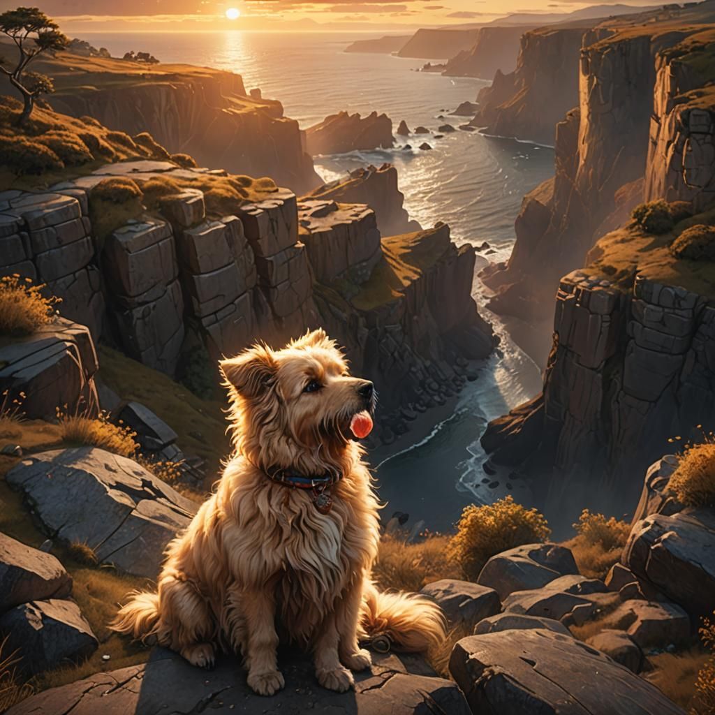 Golden Dog Sunset: Fantastical Detailed Matte Painting