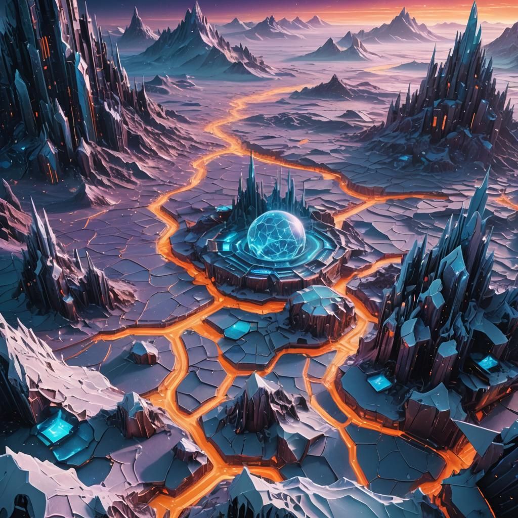 Surreal Cyberpunk Landscape with Crystalline Network