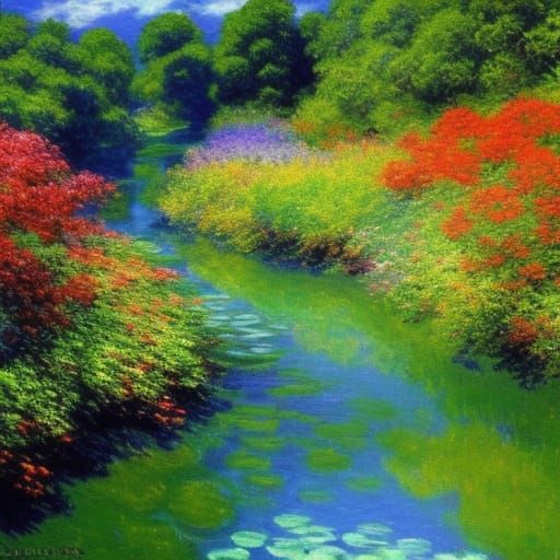 River of Glowing Flowers in Impressionistic Style