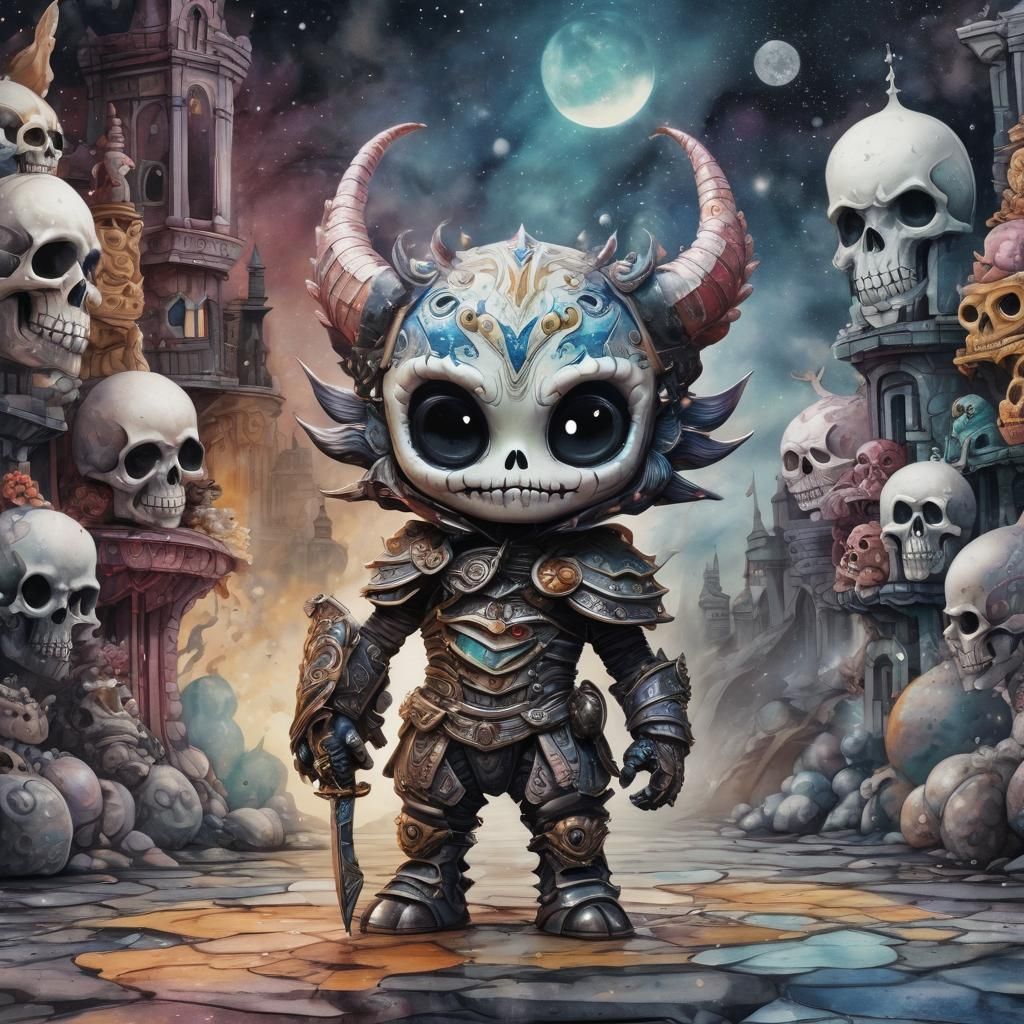 Baroque Chibi Monster in Watercolor with Ink Splashes