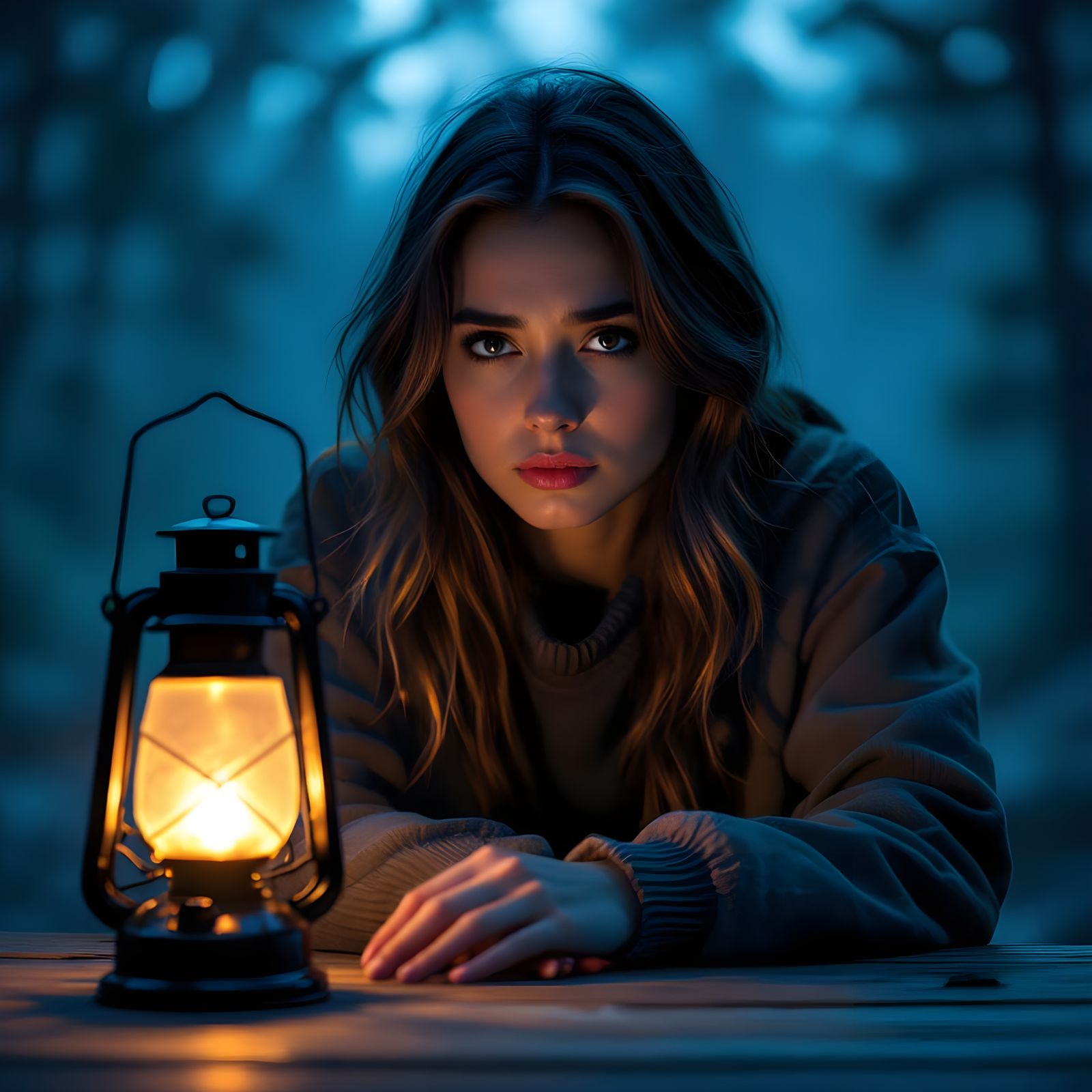 Melancholic Girl with Lantern in Dramatic Light