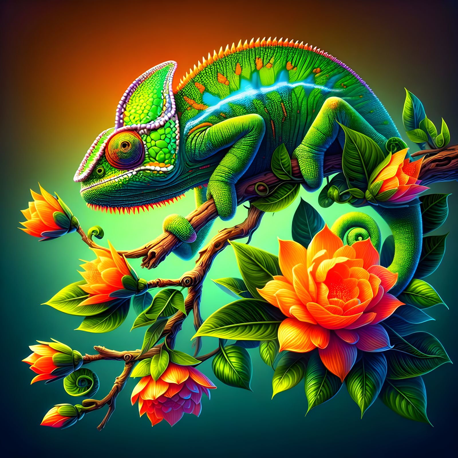 Neon Chameleon on Branch: 3D Digital Art