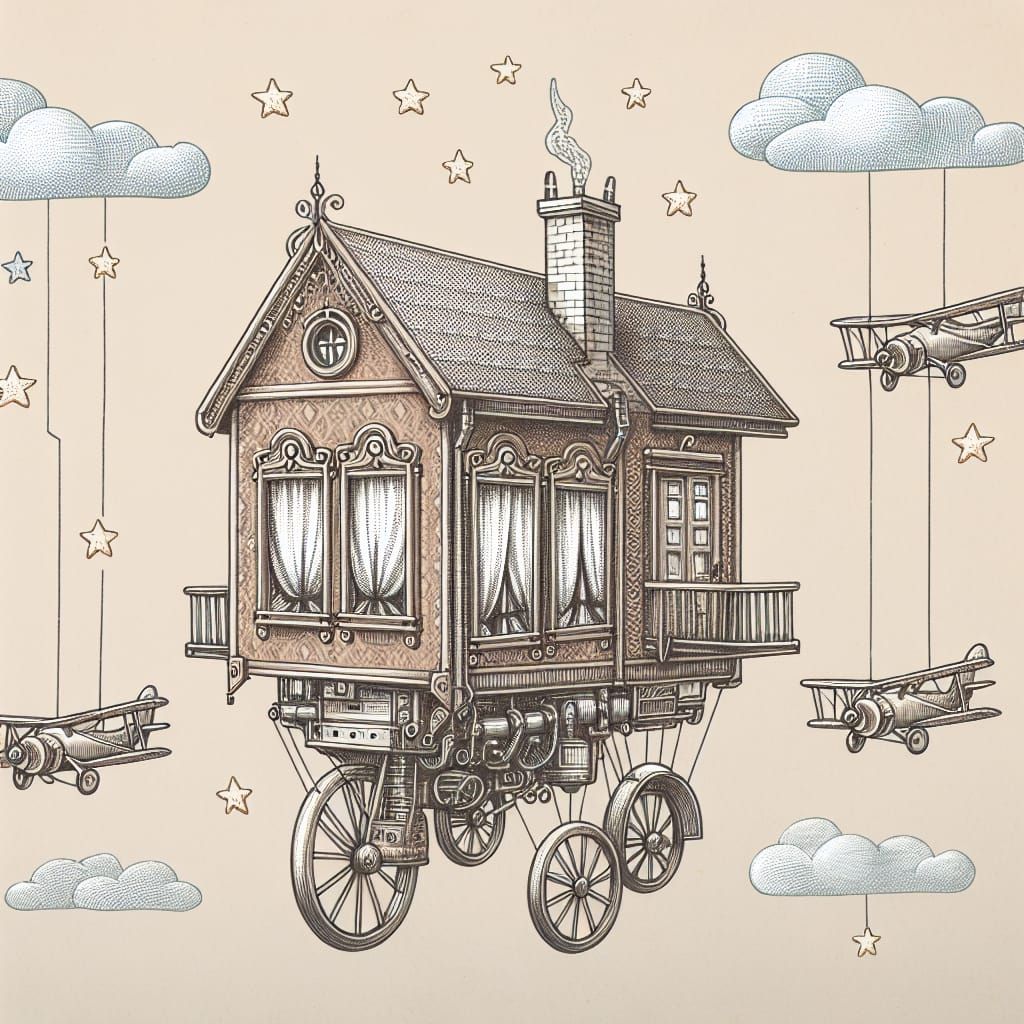 House-Shaped Flying Machine in a Clear Sky