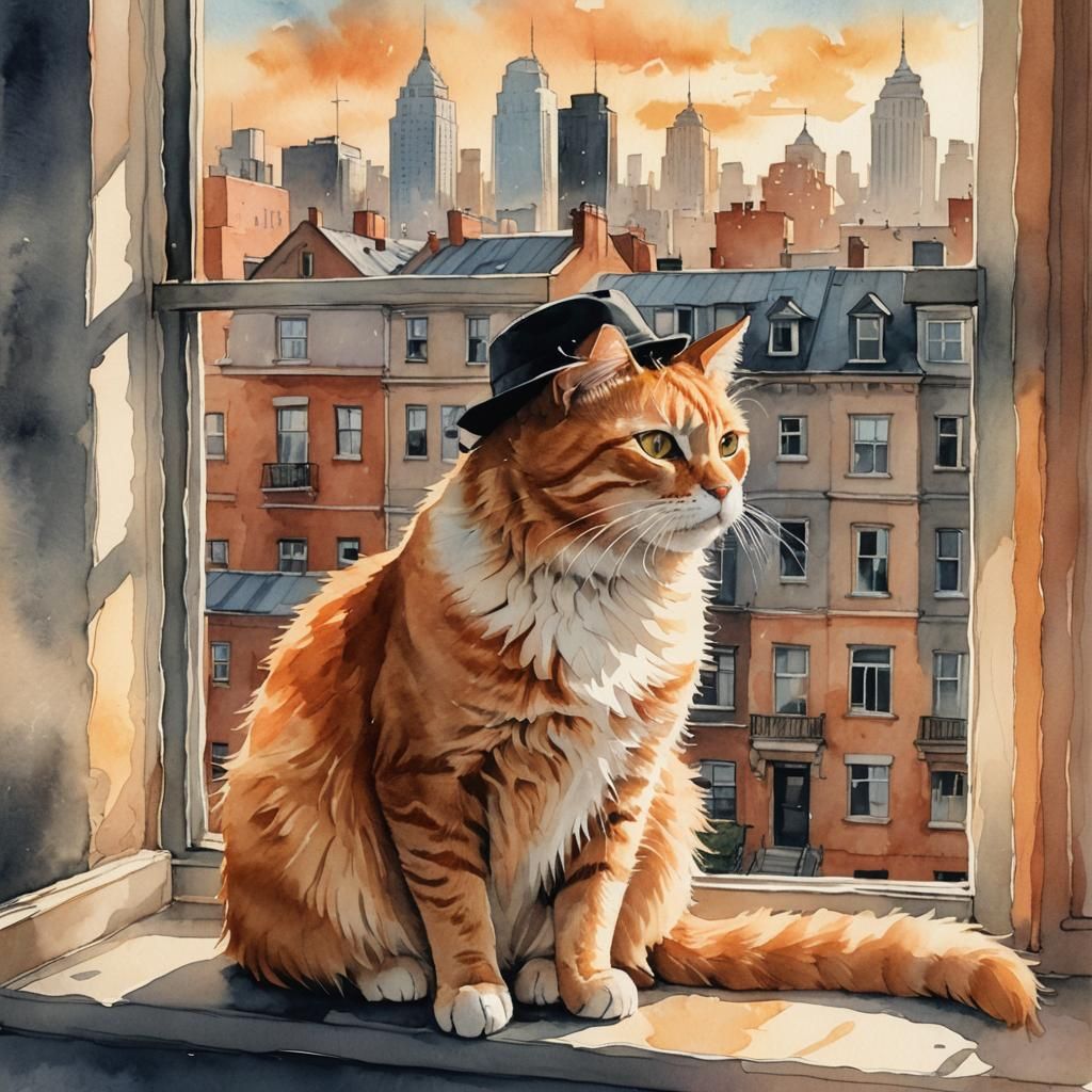 Orange Cat in Black Hat, Watercolor Illustration