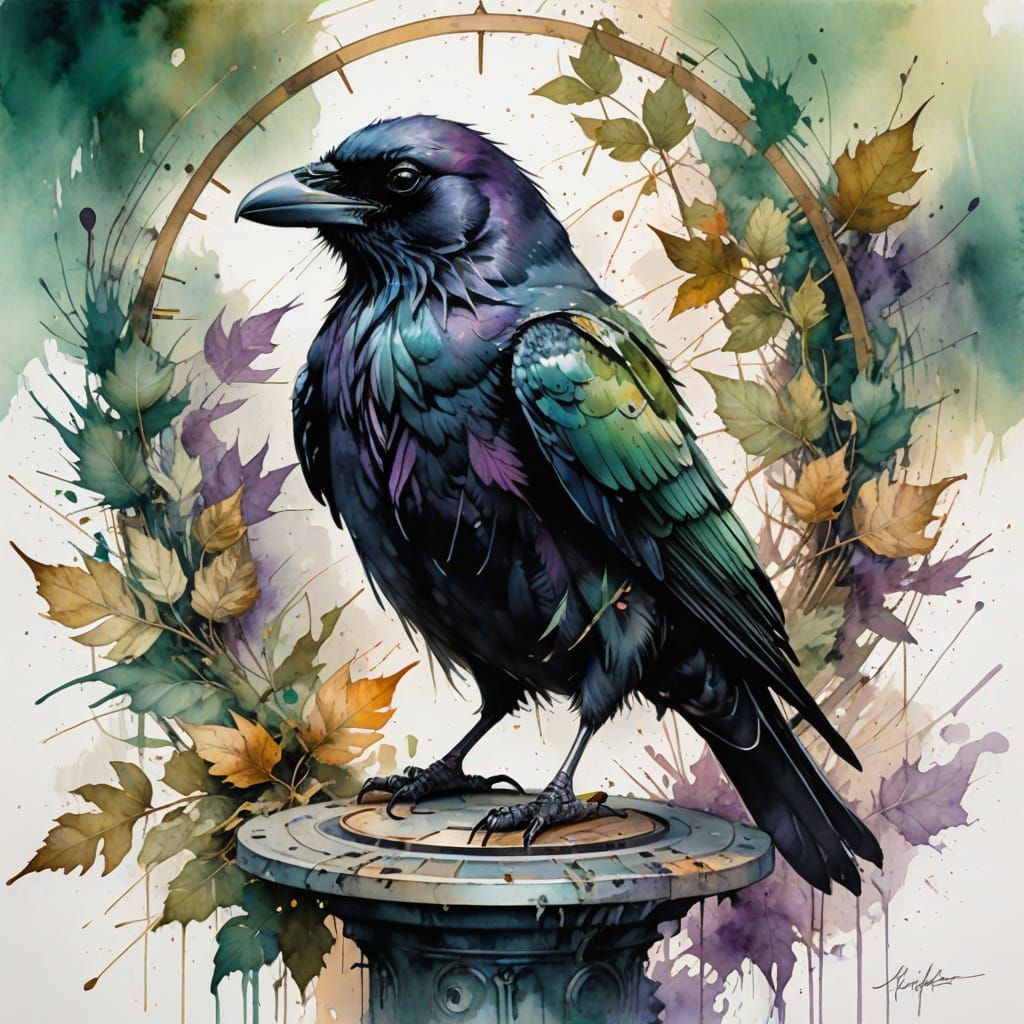 Raven on Sundial in Digital Watercolor Fusion
