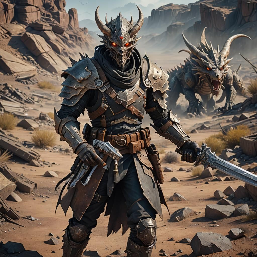 Wasteland Warrior with Dragon Sword, Detailed Matte Painting