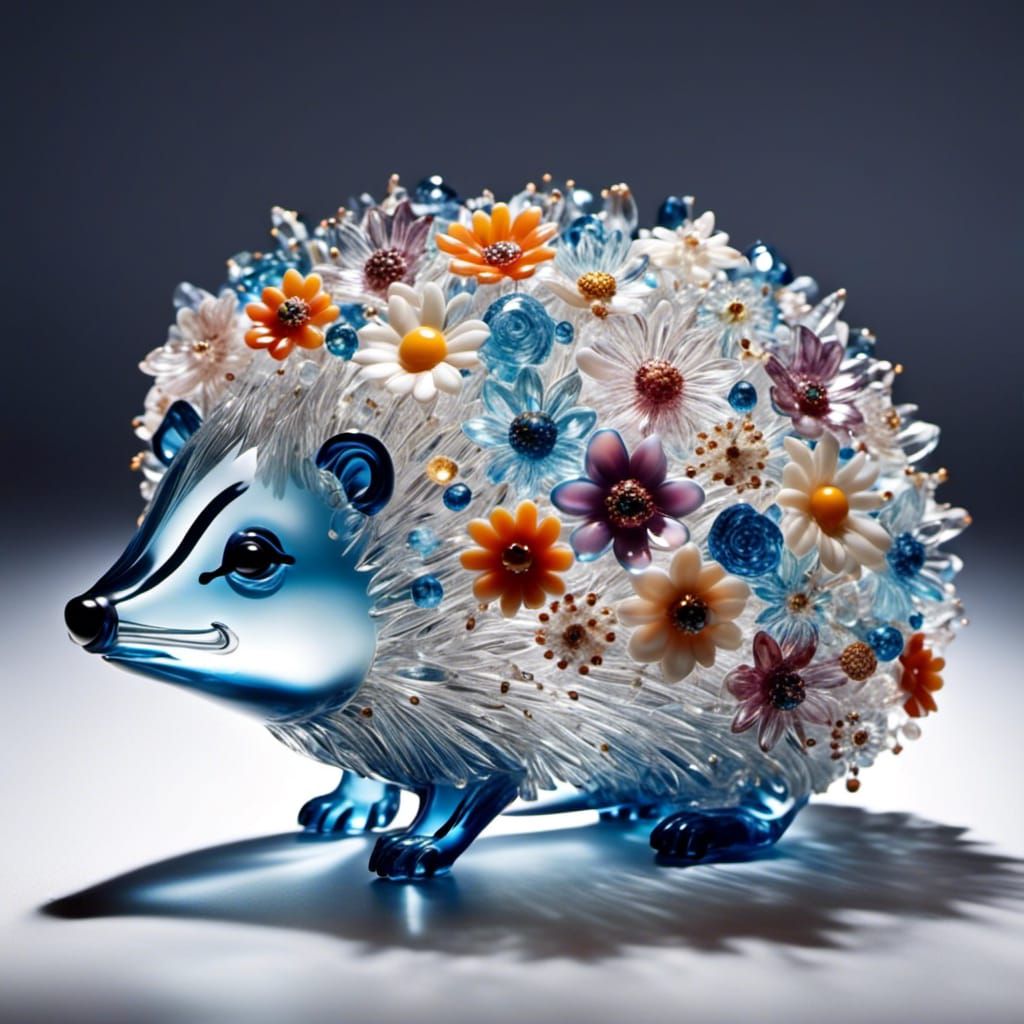 Glass Hedgehog Sculpture with Flowers