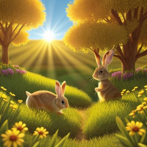 Cartoon Baby Bunnies in Springtime: 8-bit Illustration