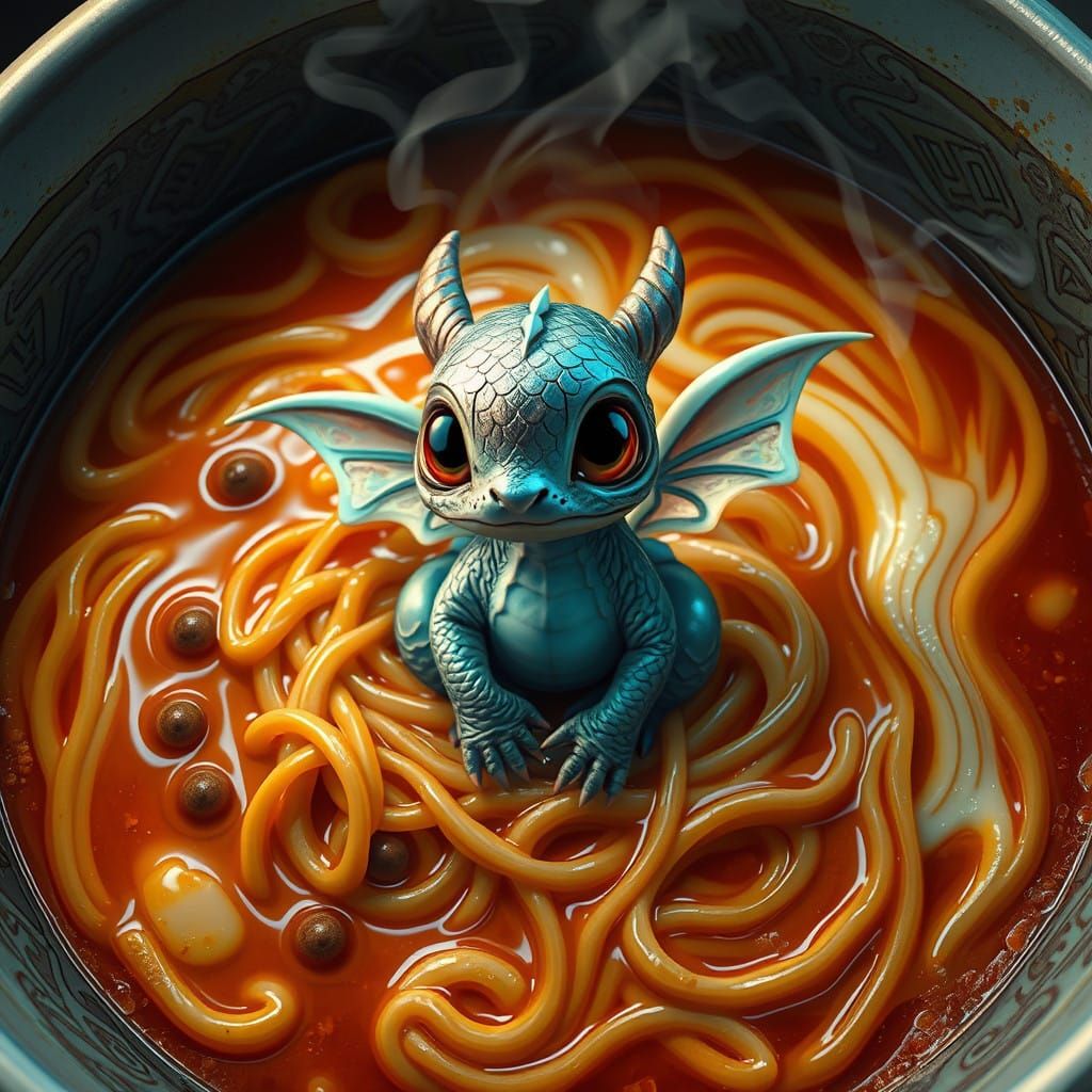 Whimsical Noodle Sprite Emerge from Savory Broth