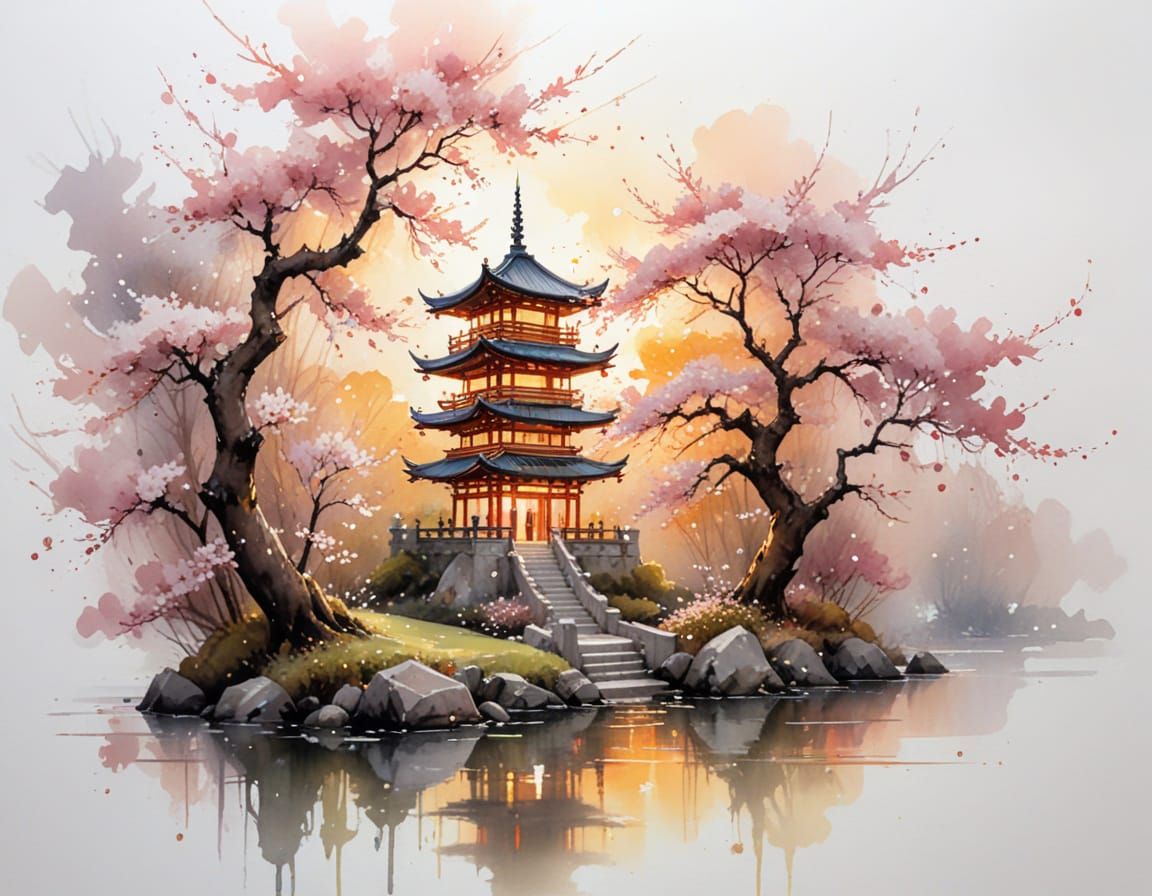 Tranquil Pagoda Amidst Cherry Blossoms at Sunset