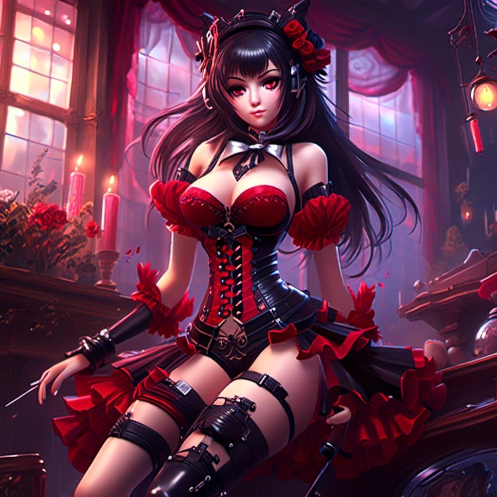 Anime Woman in Corset Dress, Crimson Theme