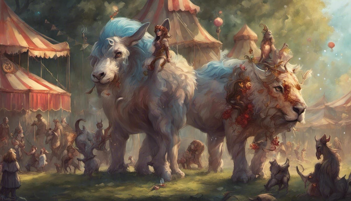 Fantasy Circus with Mythical Creatures in Dreamlike Style