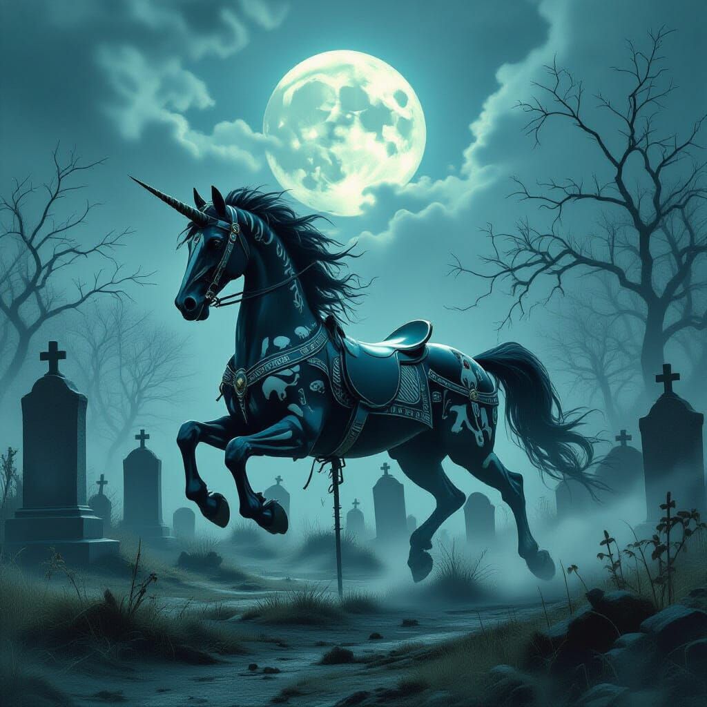 Ornate Carousel Horse in Moonlit Graveyard