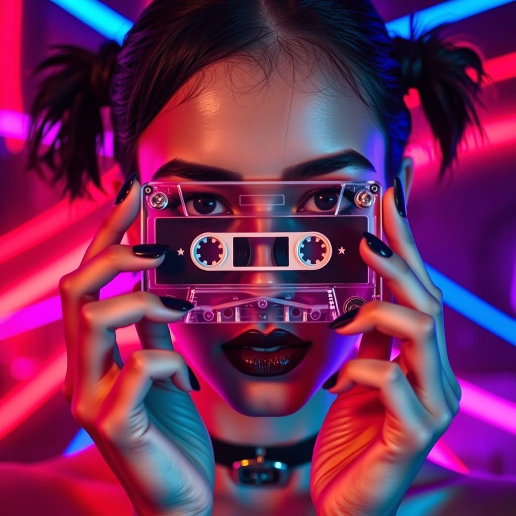 Woman with Cassette Tape in Neon Lighting