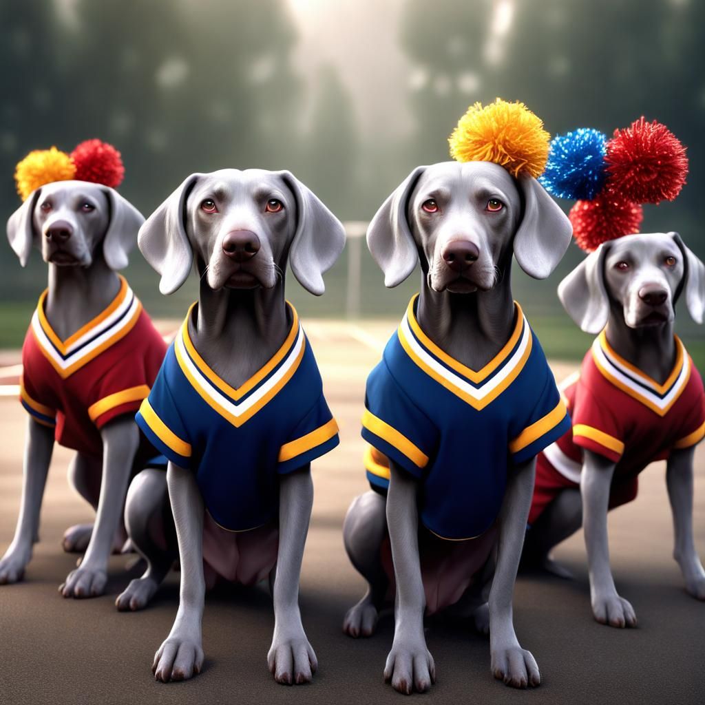 Weimaraner Cheerleader Dogs in Detailed Digital Painting