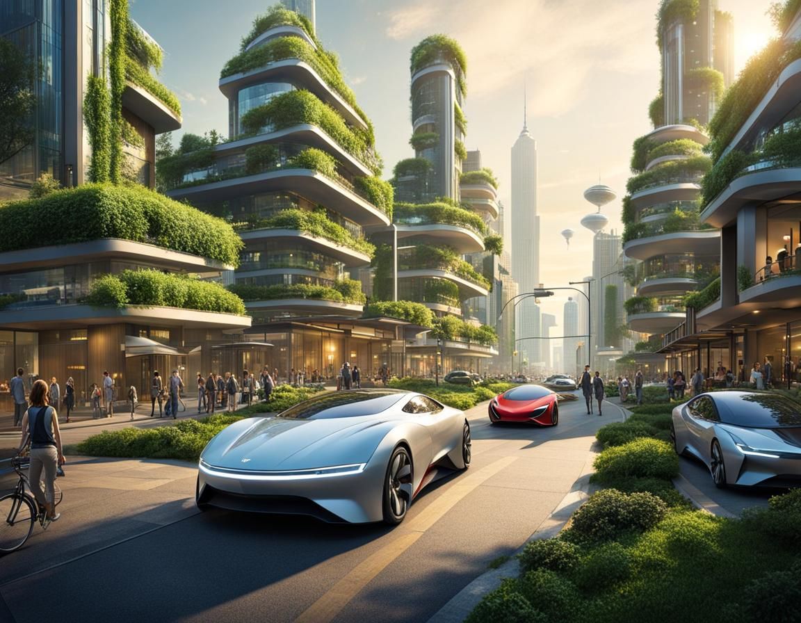 Utopian Future City with Flying Cars