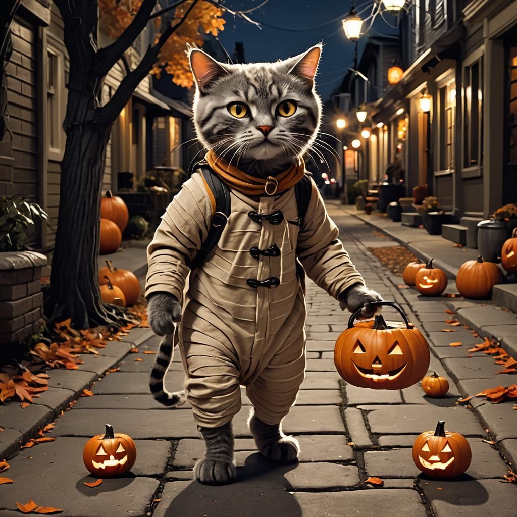 Cat Mummy Trick-or-Treater in Burtonesque Kawaii Style