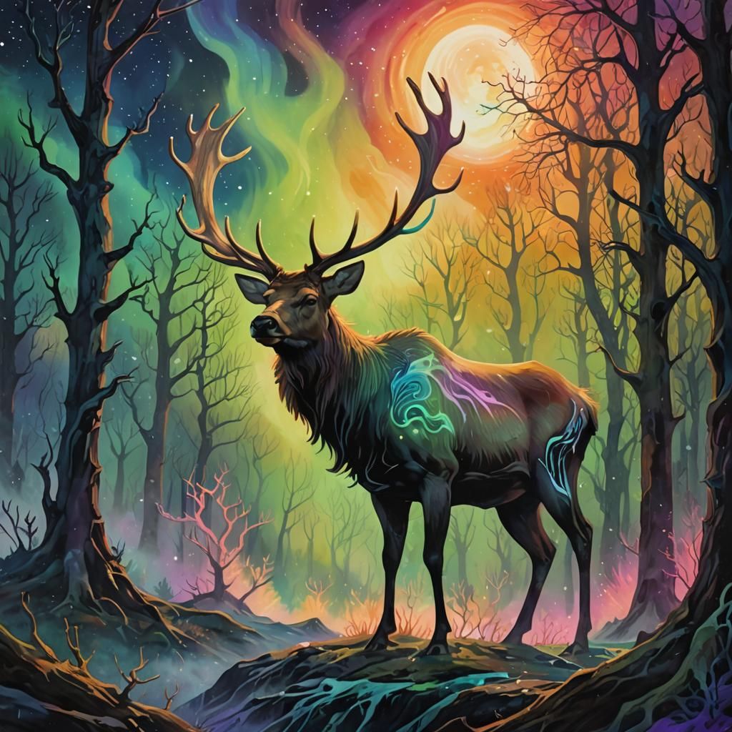 Ethereal Elk in Surrealist Oil Gouache Style