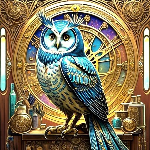 Whimsical Mechanical Owl by Caravaggio in Art Nouveau Style
