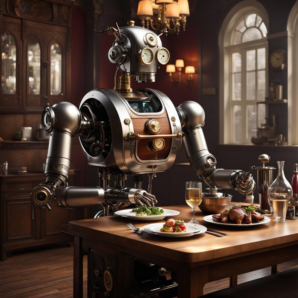 Steampunk Robotic Butler Serving Dinner