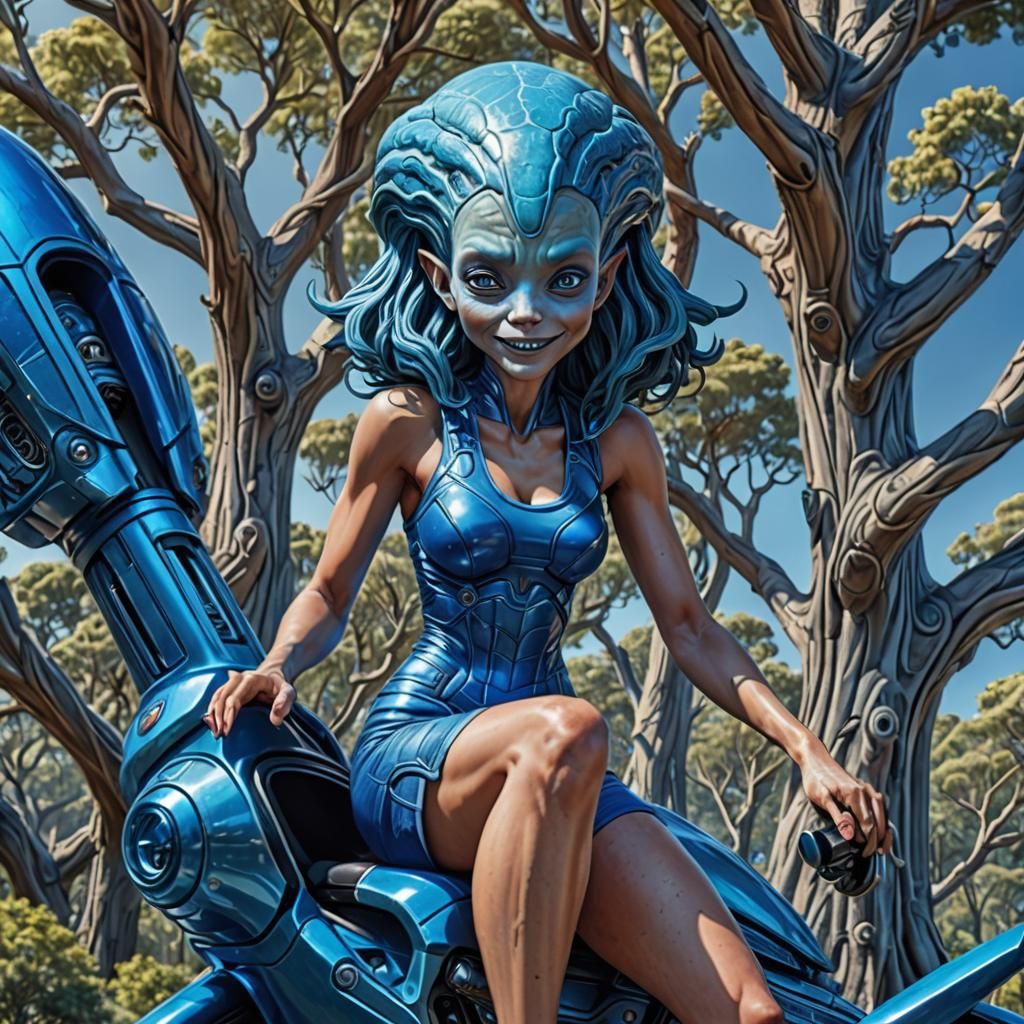 Blue Alien Girl Rides Rocket Through Alien Forest