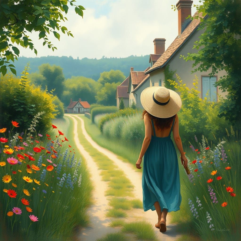 Dreamy Impressionist Scene of Woman on Country Lane