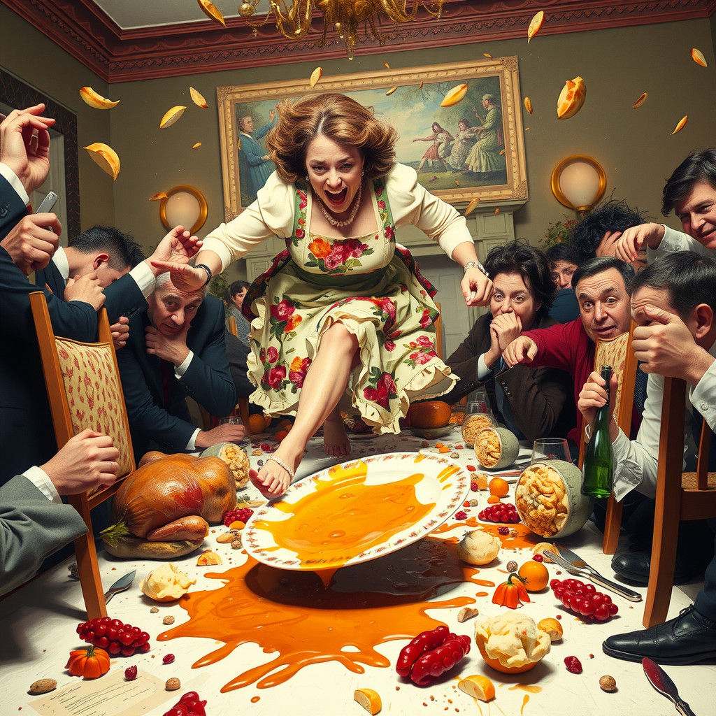 Chaotic Thanksgiving Dinner Scene as Narrative Art