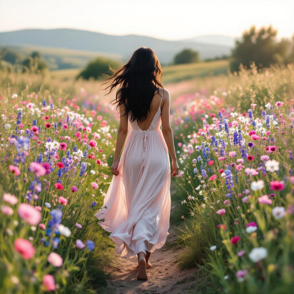 Woman Walks Through Wildflower Meadow in Golden Light