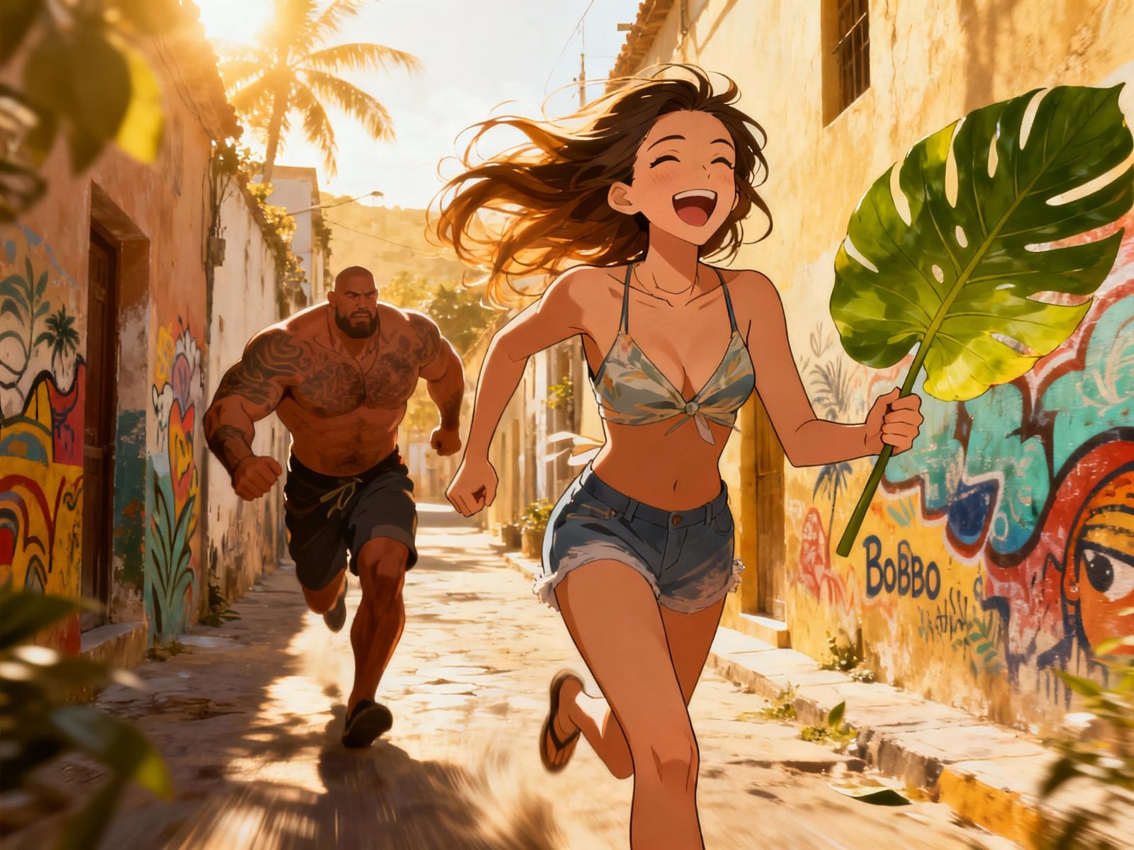 Anime Woman's Joyful Chase in Cabo Verde Movie Poster Style