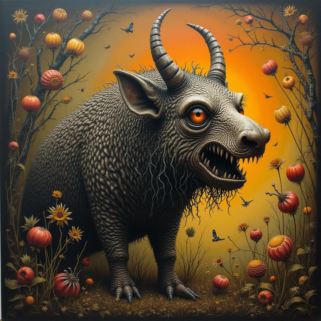 Gothic Cartoon Pig Charcoal Drawing with Autumn Elements