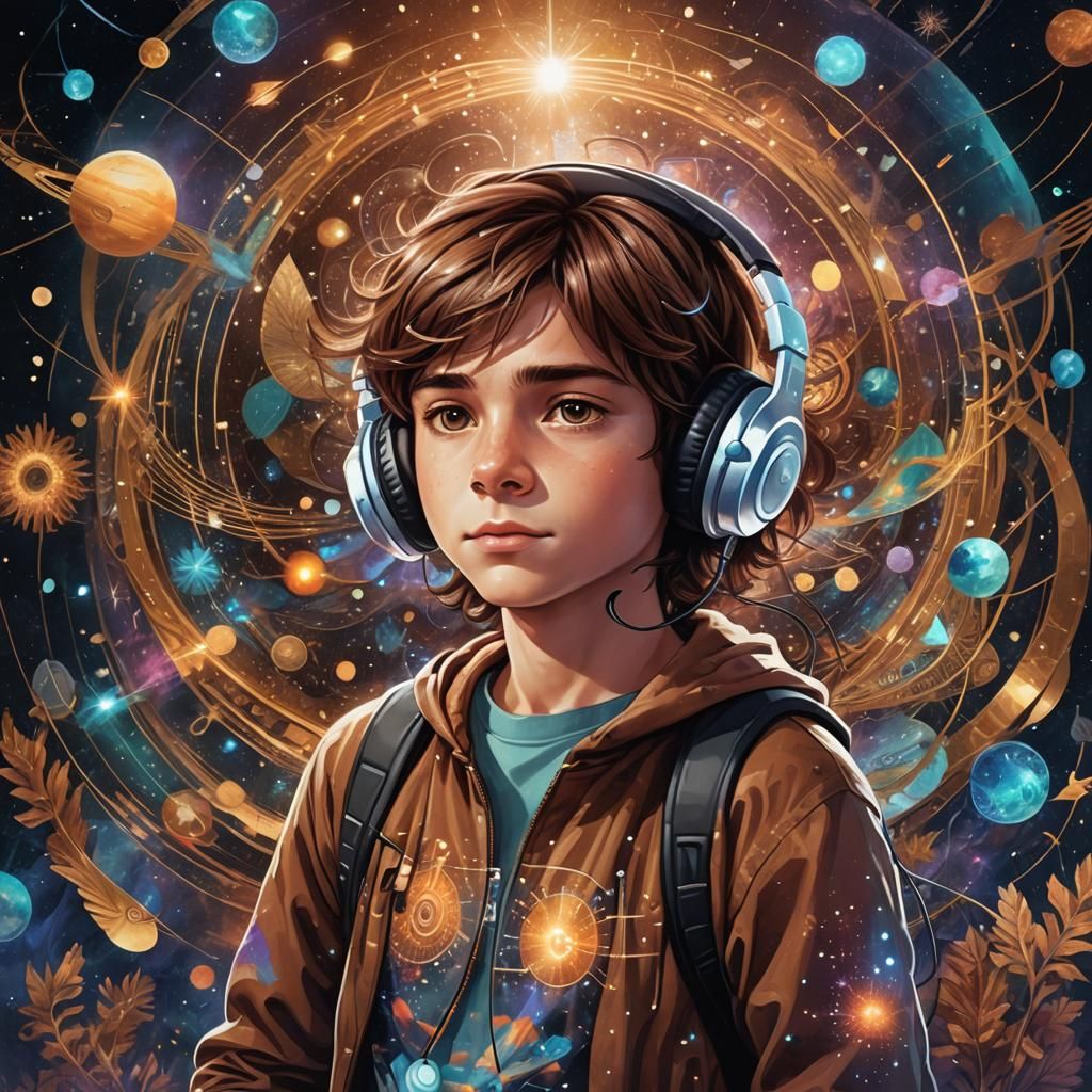 Boy Listening to Music in Holographic World