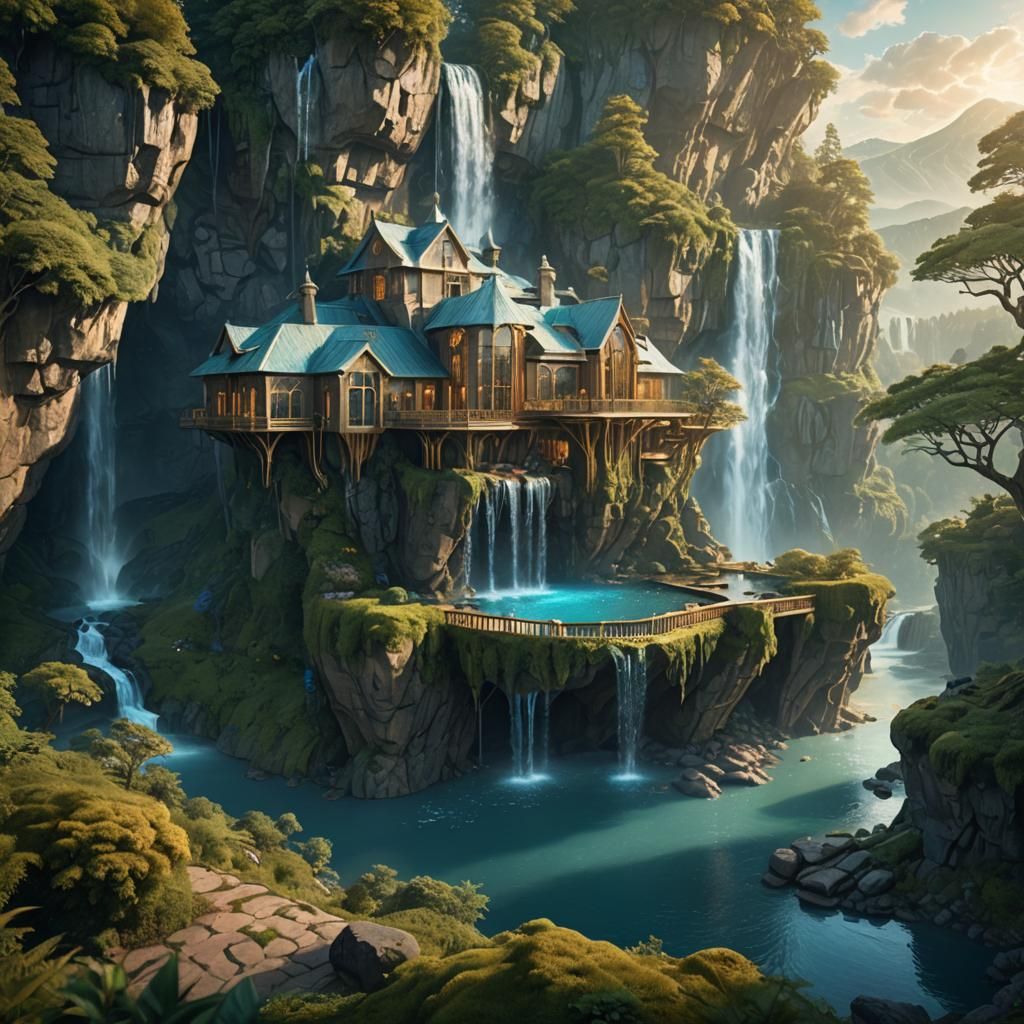 Futuristic Cliffside House by Waterfall: Fantasy Concept Art
