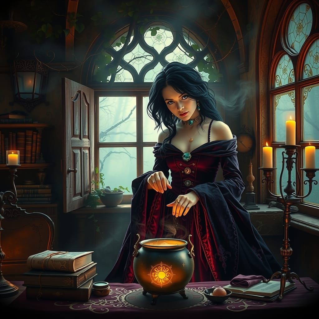 Mystical Sorceress Brews Enchanted Potion in Ancient Cottage