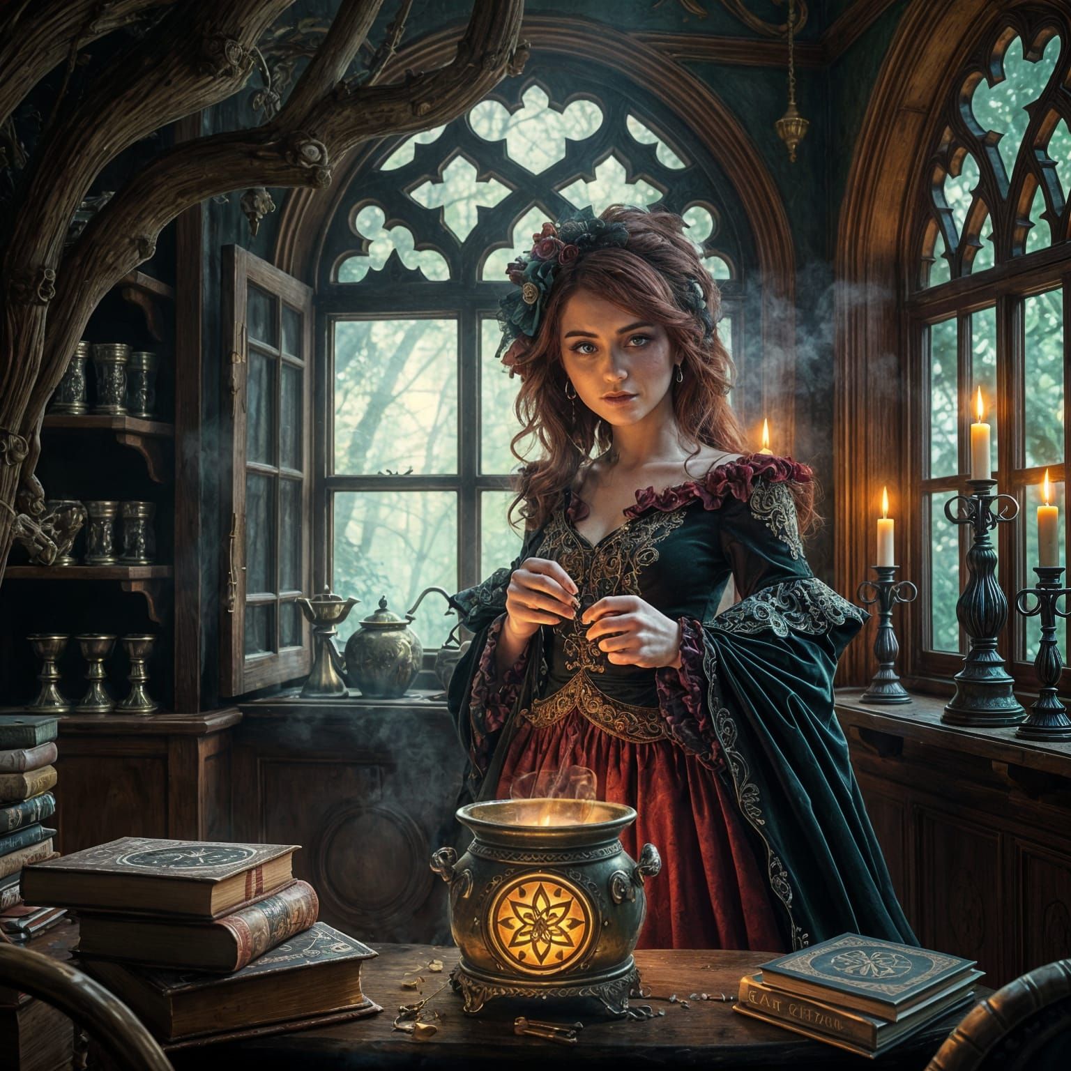 Enchanted Witch Stands Amidst Mystical Forest Cottage