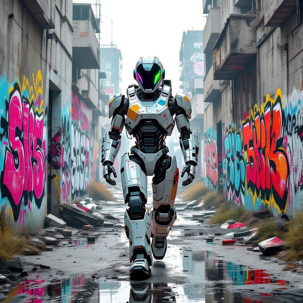 Robot Walks Through Abandoned City with Graffiti Art