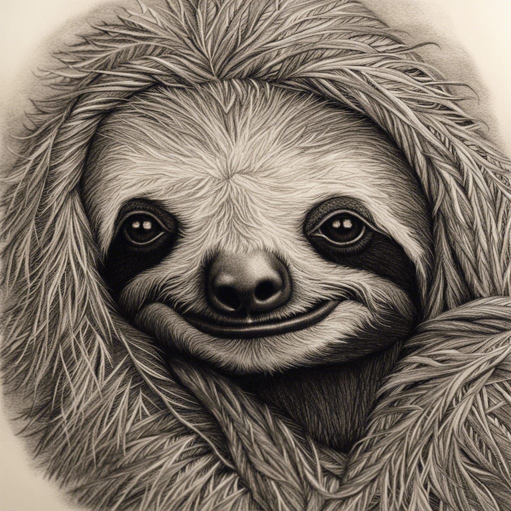 Hyperdetailed Charcoal Drawing of Embroidered Sloth