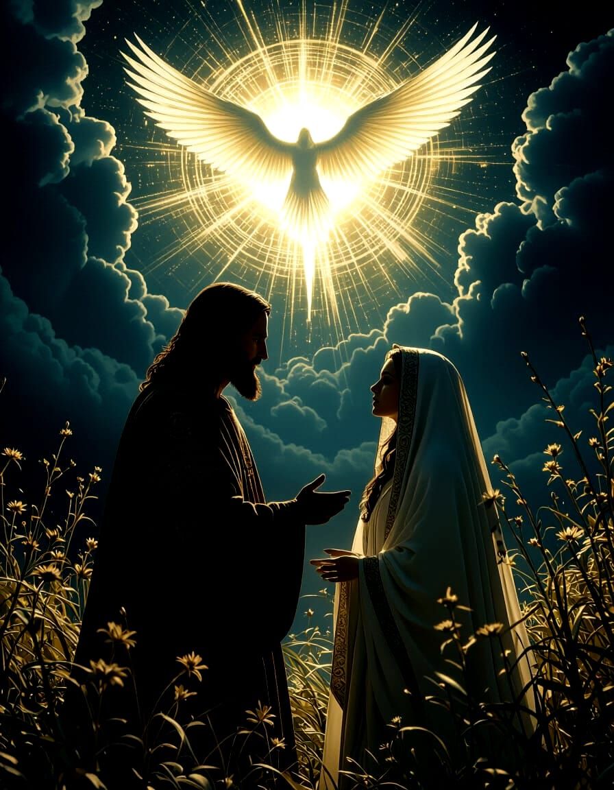 Jezus and Woman with Holy Spirit in Epic Scene