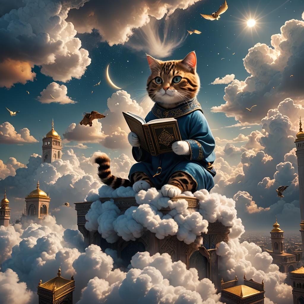 Cat Reads Quran on Clouds: Detailed Matte Painting