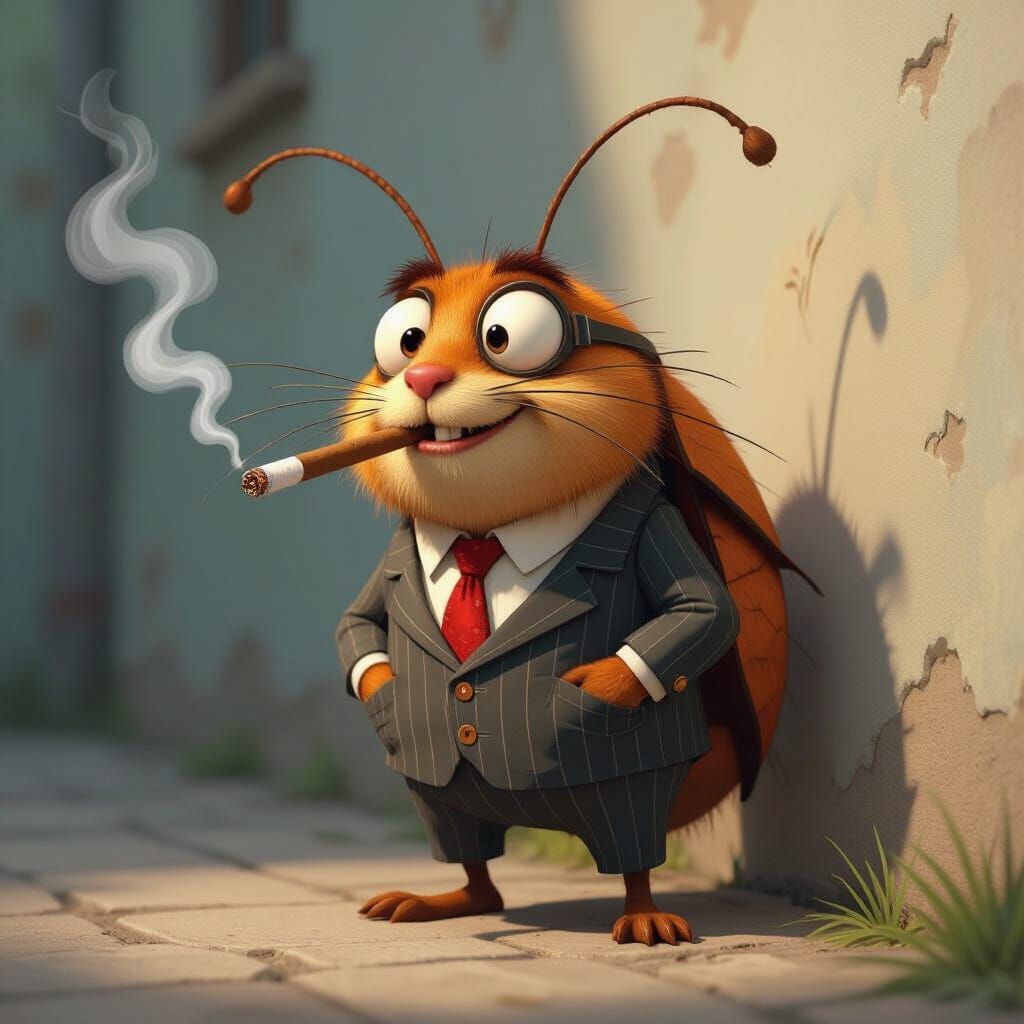 Anthropomorphic Flea Smoking Cigar in 60s/70s Pixar Style