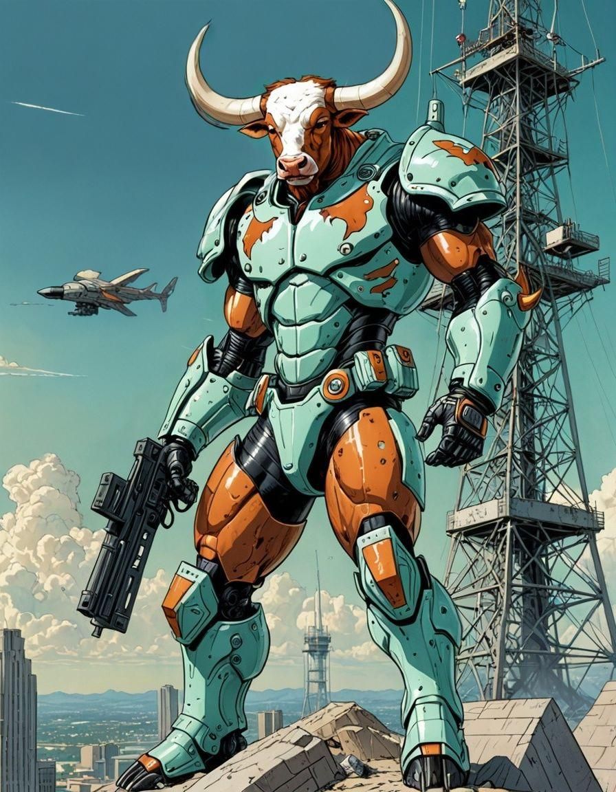 Armored Longhorn Sci-Fi Soldier in Comic Book Style