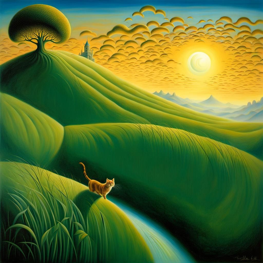 Cat Chasing Time in Dream Landscape as Surreal Art